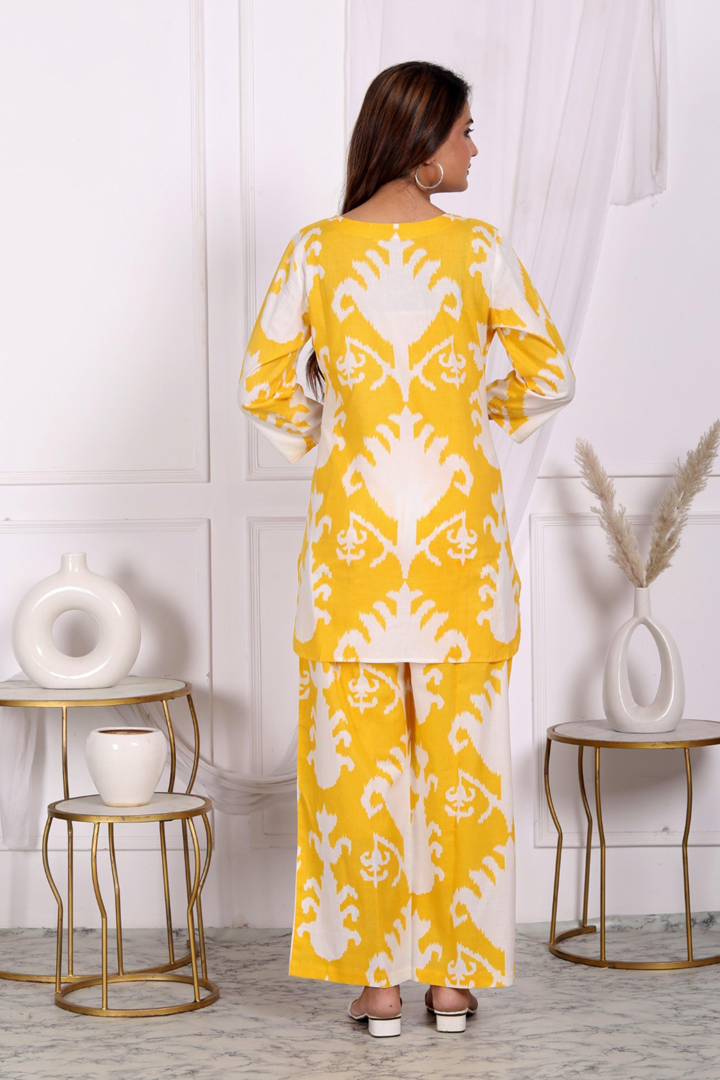 Yellow Abstract Printed Cotton Short Kurta Set