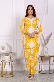 Yellow Abstract Printed Cotton Short Kurta Set