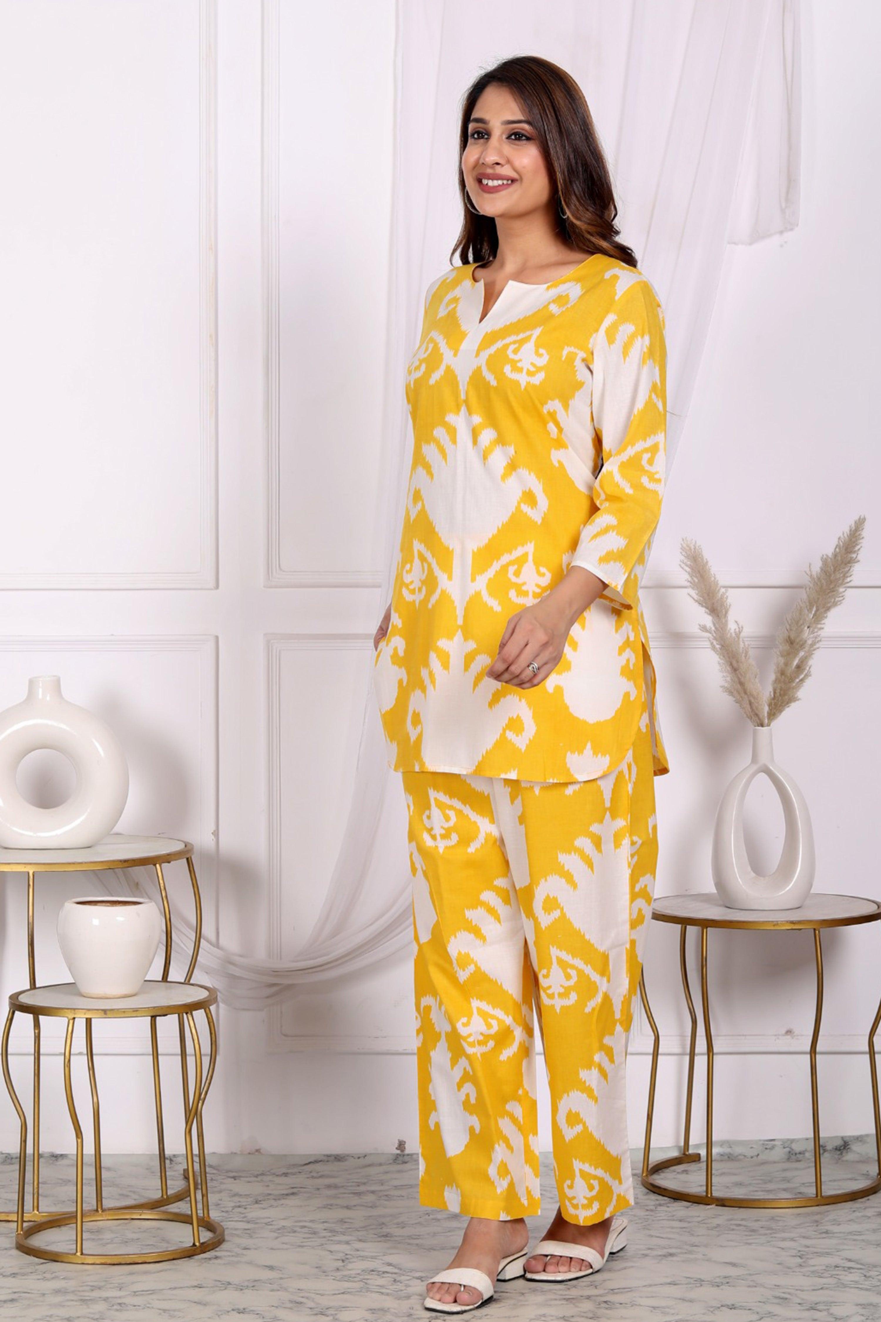 Yellow Abstract Printed Cotton Short Kurta Set