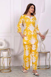 Yellow Abstract Printed Cotton Short Kurta Set