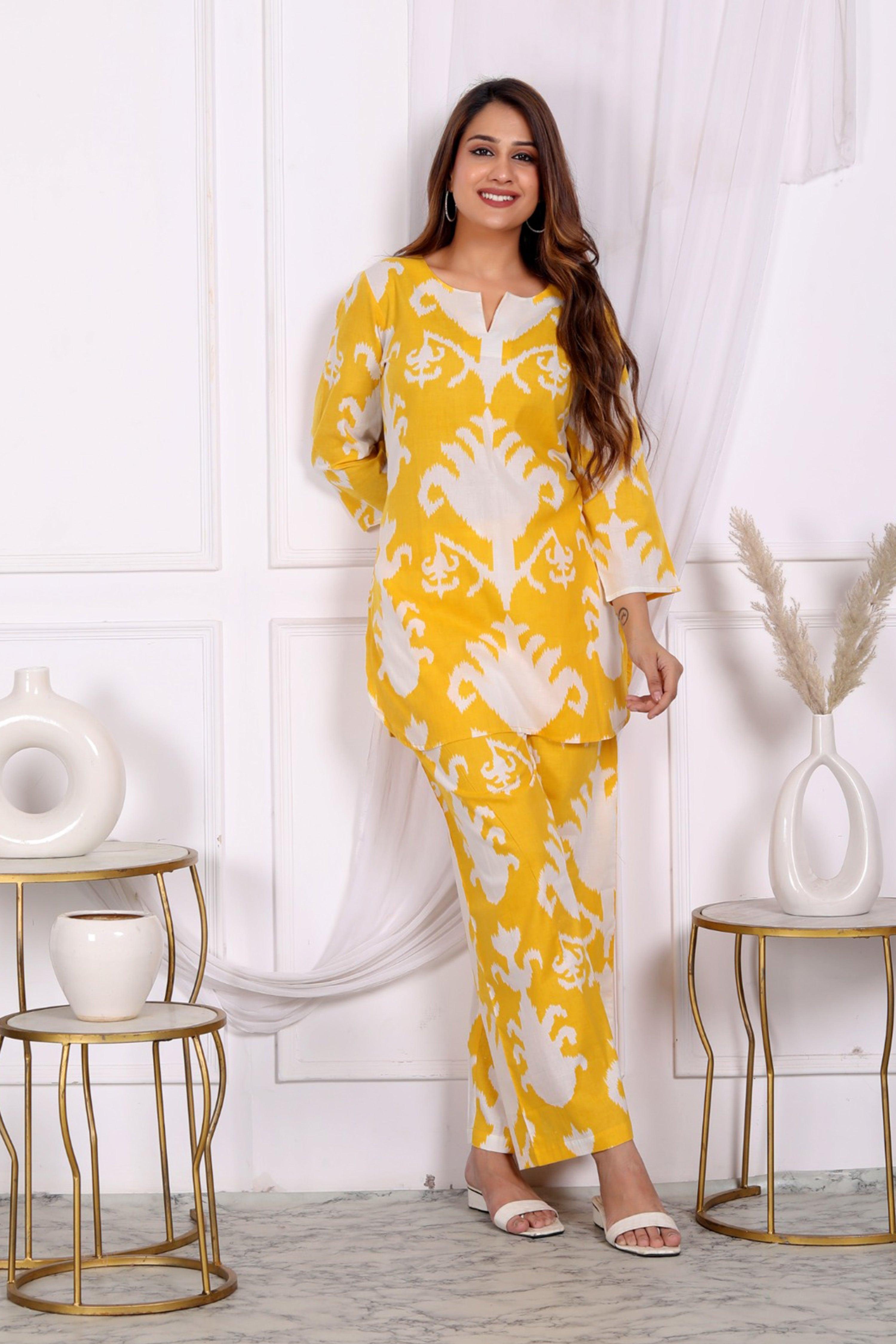 Yellow Abstract Printed Cotton Short Kurta Set