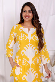 Yellow Abstract Printed Cotton Short Kurta Set