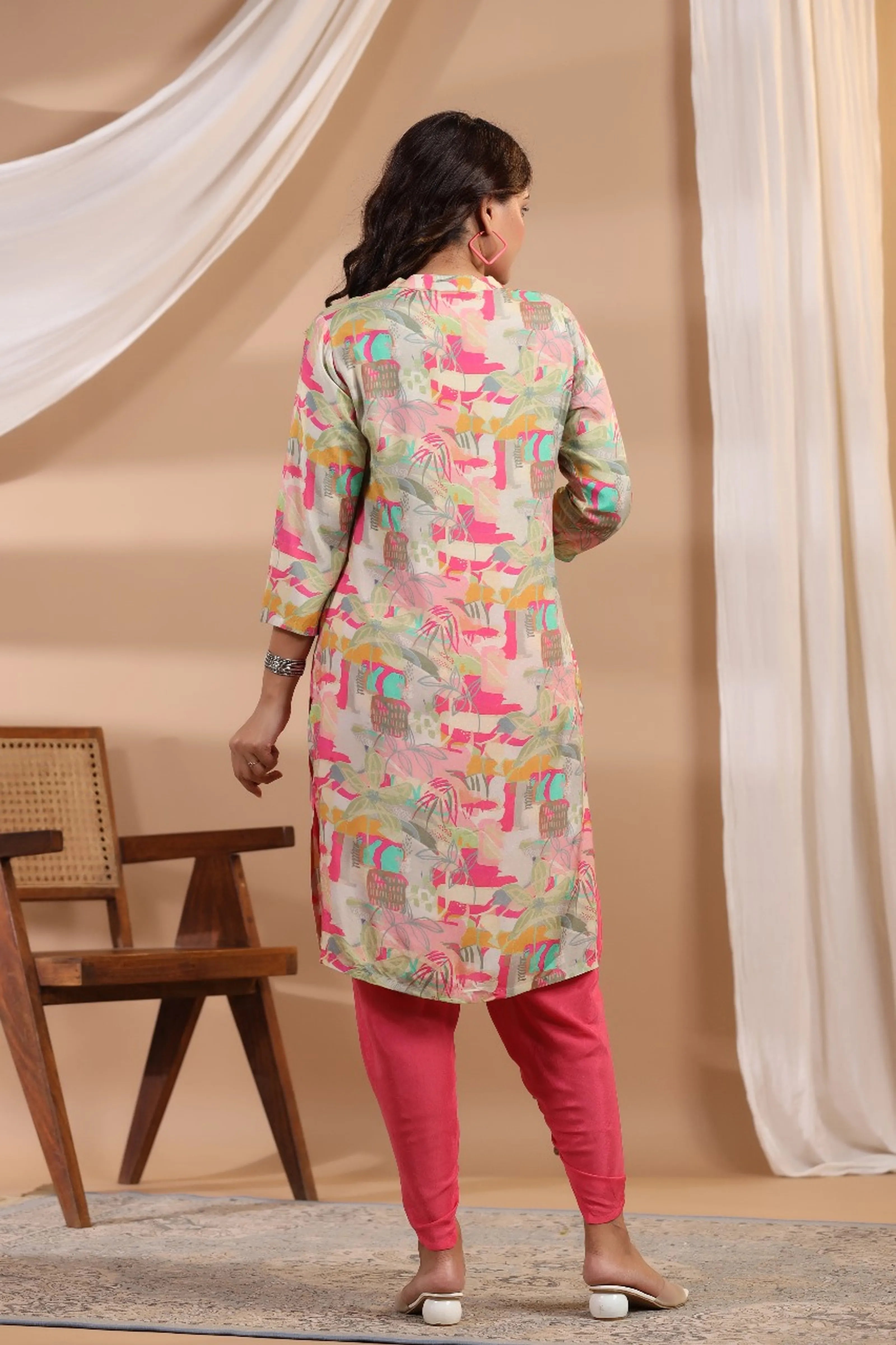 Pink Base Abstract Printed Muslin Kurta Set