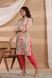 Pink Base Abstract Printed Muslin Kurta Set