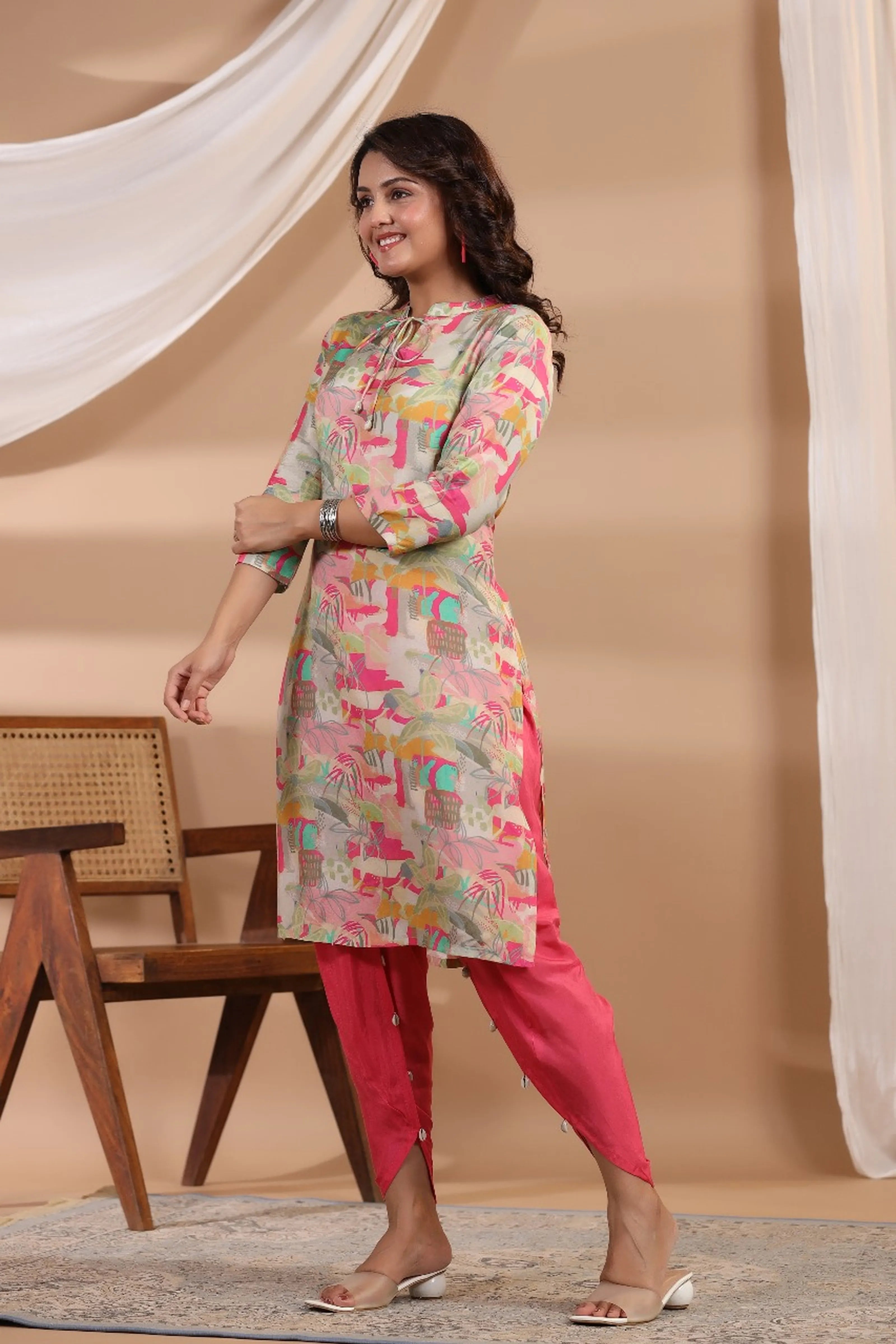 Pink Base Abstract Printed Muslin Kurta Set