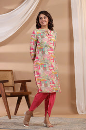 Pink Base Abstract Printed Muslin Kurta Set