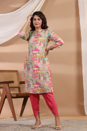 Pink Base Abstract Printed Muslin Kurta Set