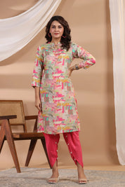 Pink Base Abstract Printed Muslin Kurta Set