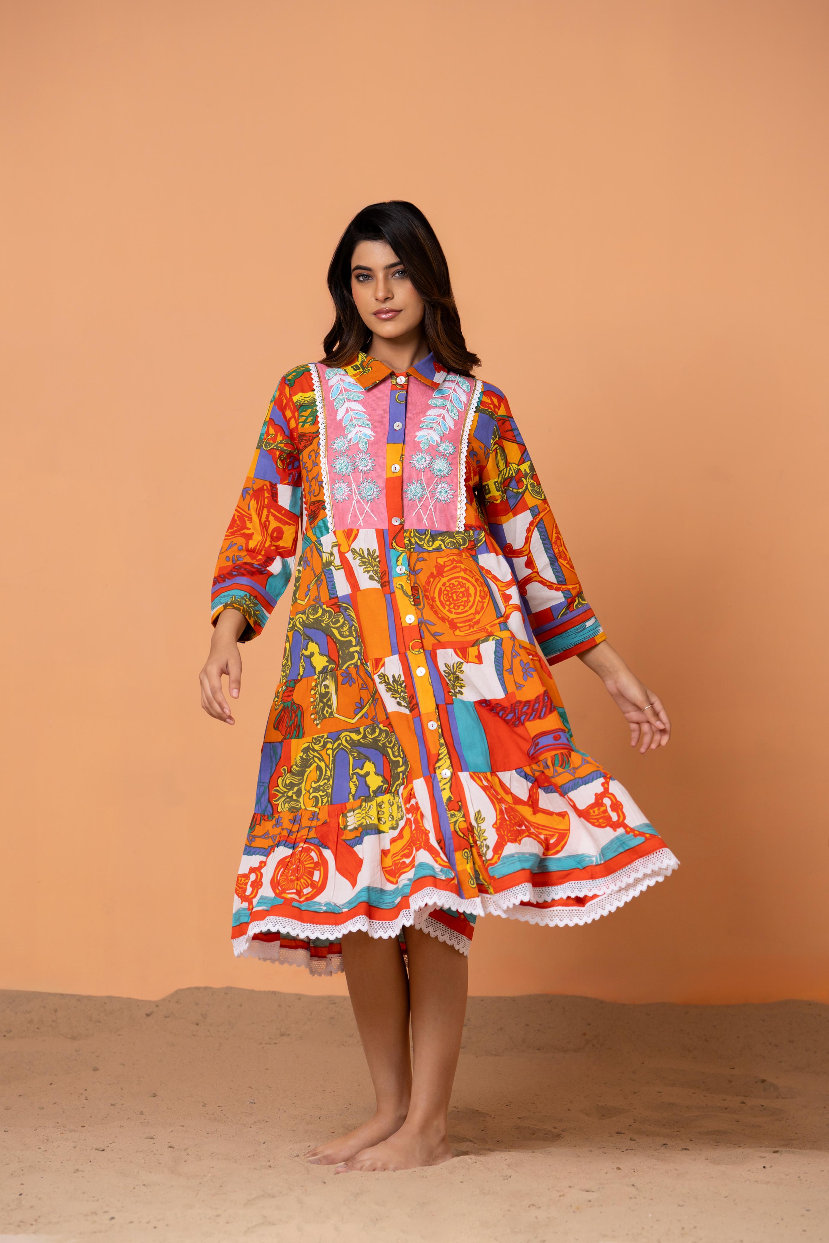 Orange Abstract Floral Lace Detail  Cotton Shirt Dress