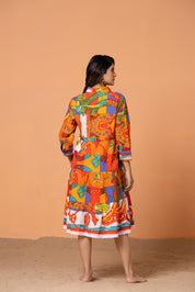 Orange Abstract Floral Lace Detail  Cotton Shirt Dress