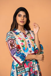 Multicolor Embroidered Printed Cotton Midi Dress