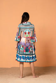 Multicolor Embroidered Printed Cotton Midi Dress