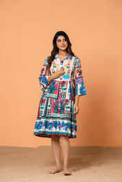 Multicolor Embroidered Printed Cotton Midi Dress