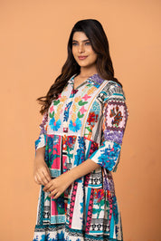 Multicolor Embroidered Printed Cotton Midi Dress