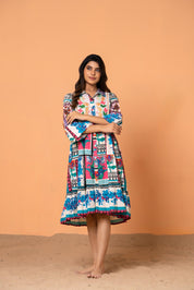 Multicolor Embroidered Printed Cotton Midi Dress