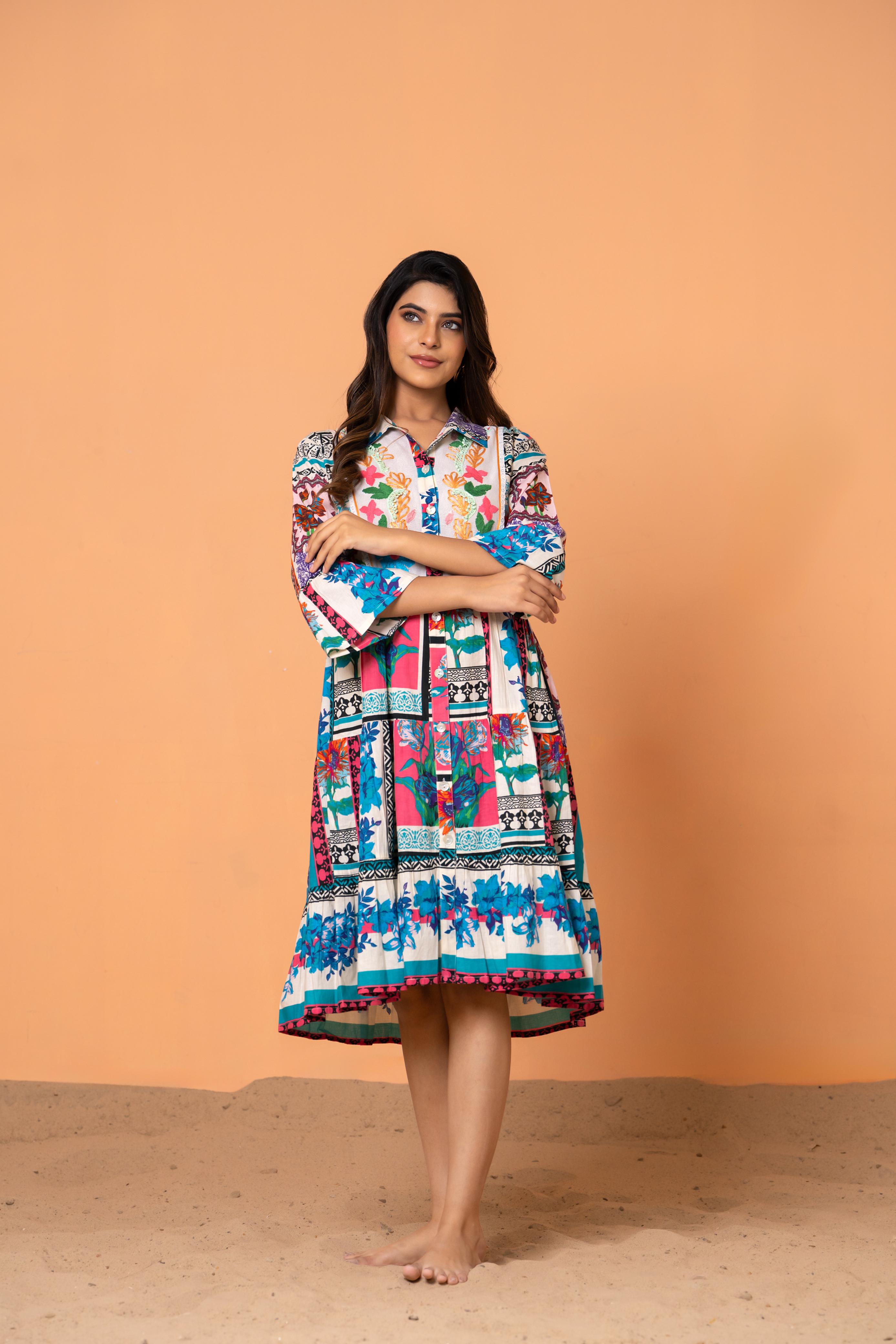 Multicolor Embroidered Printed Cotton Midi Dress