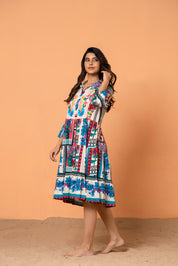 Multicolor Embroidered Printed Cotton Midi Dress