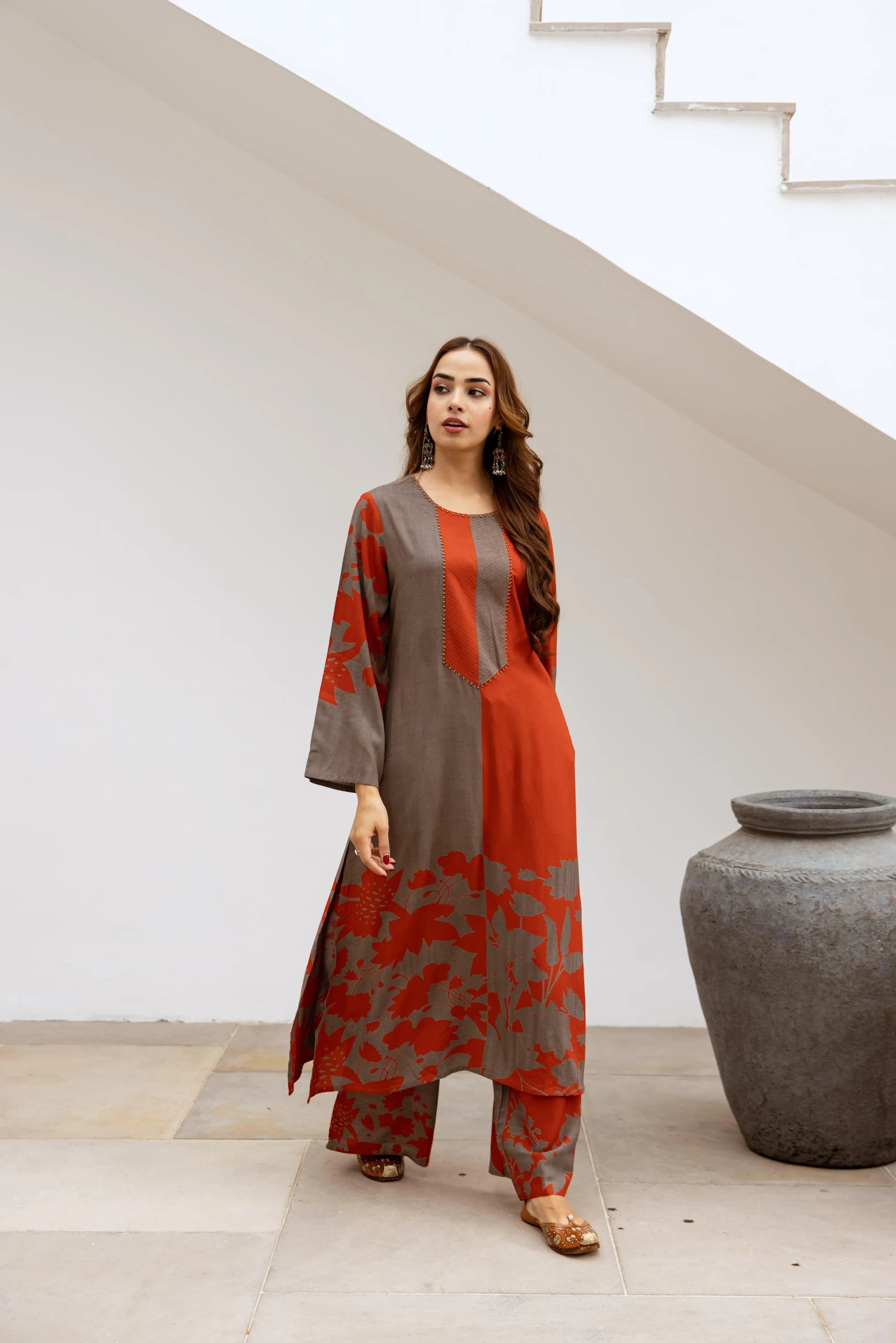 Light Brown & Red Mismatch Bold Leaf Printed Ethnic Kurta Palazzo Set