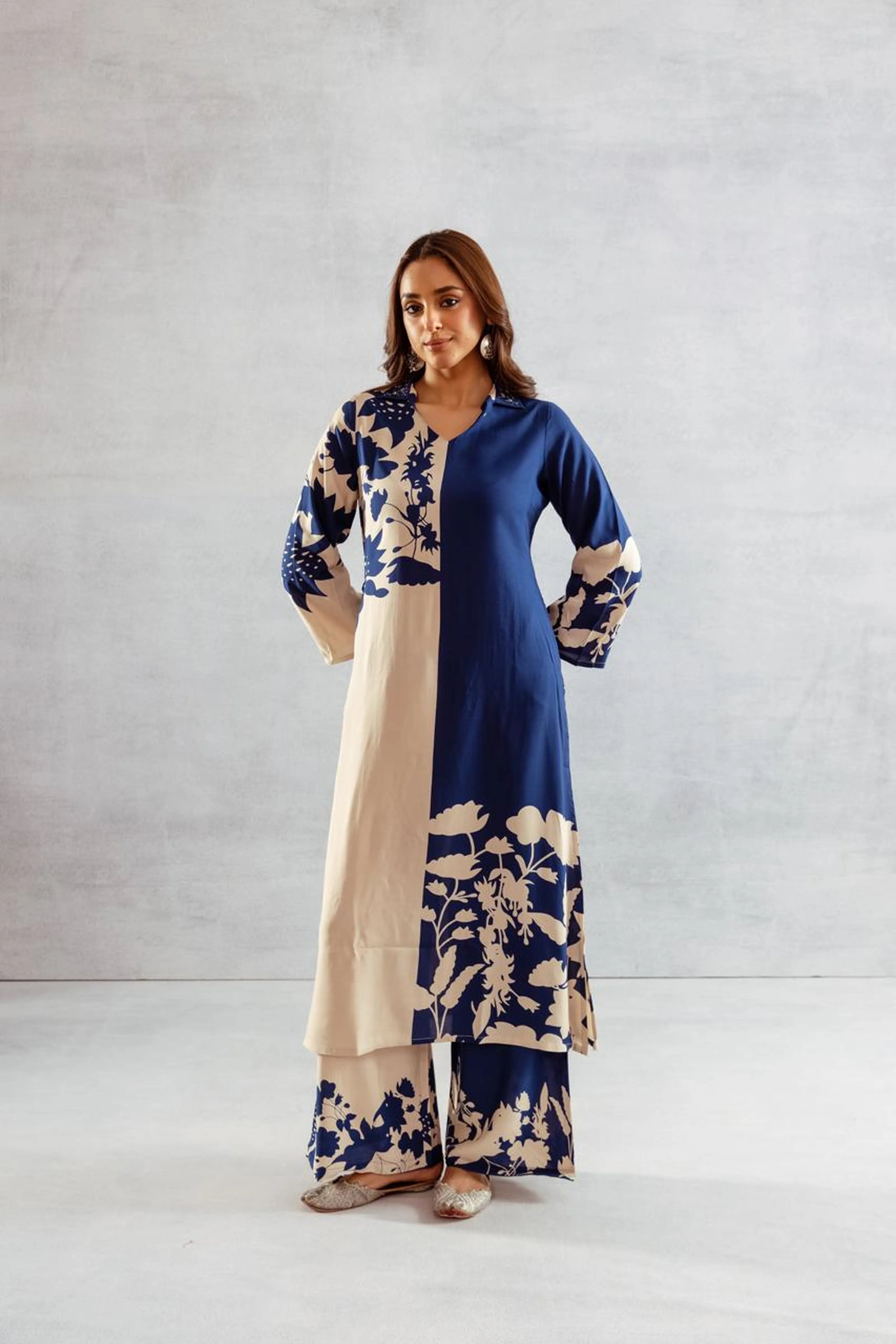 Navy & Cream Floral Placement Kurta-Palazzo Set in German Rayon
