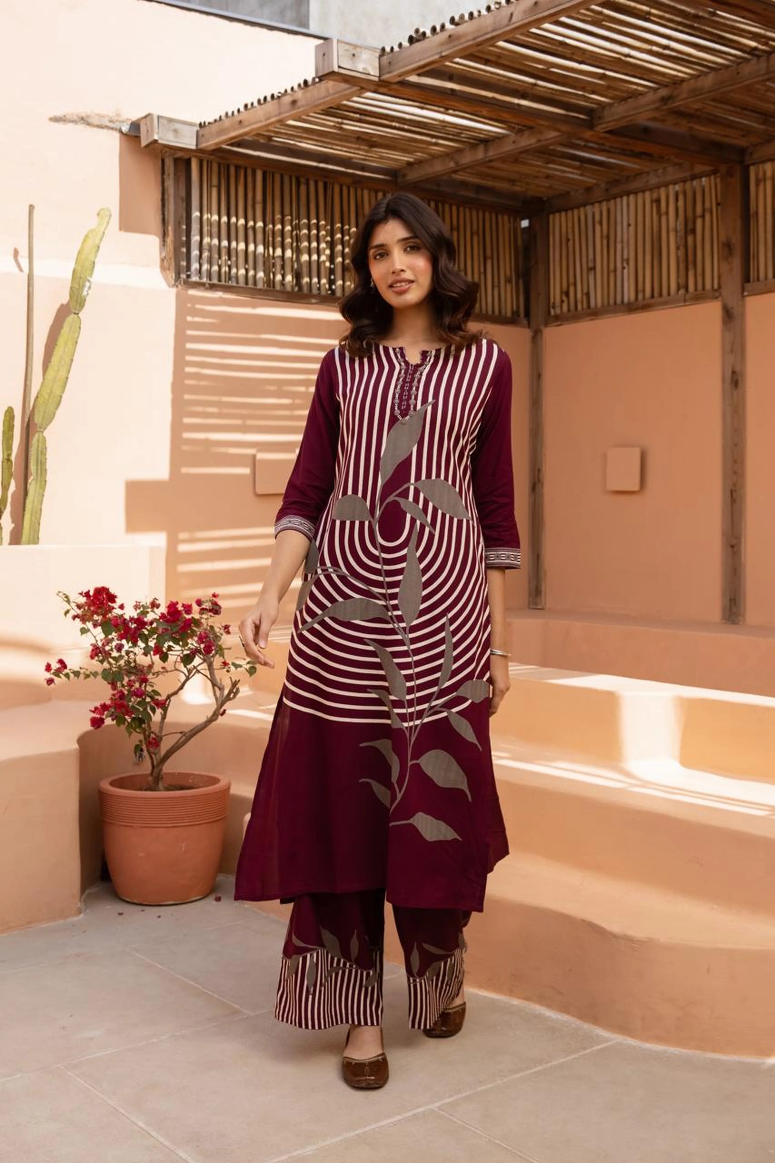 Wine Cream Leaf Print Kurta Palazzo Set in German Rayon
