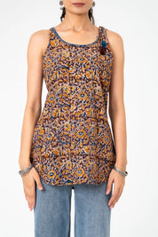 Brown & Mustard Floral Sleeveless Short Kurta in Cotton Cambric