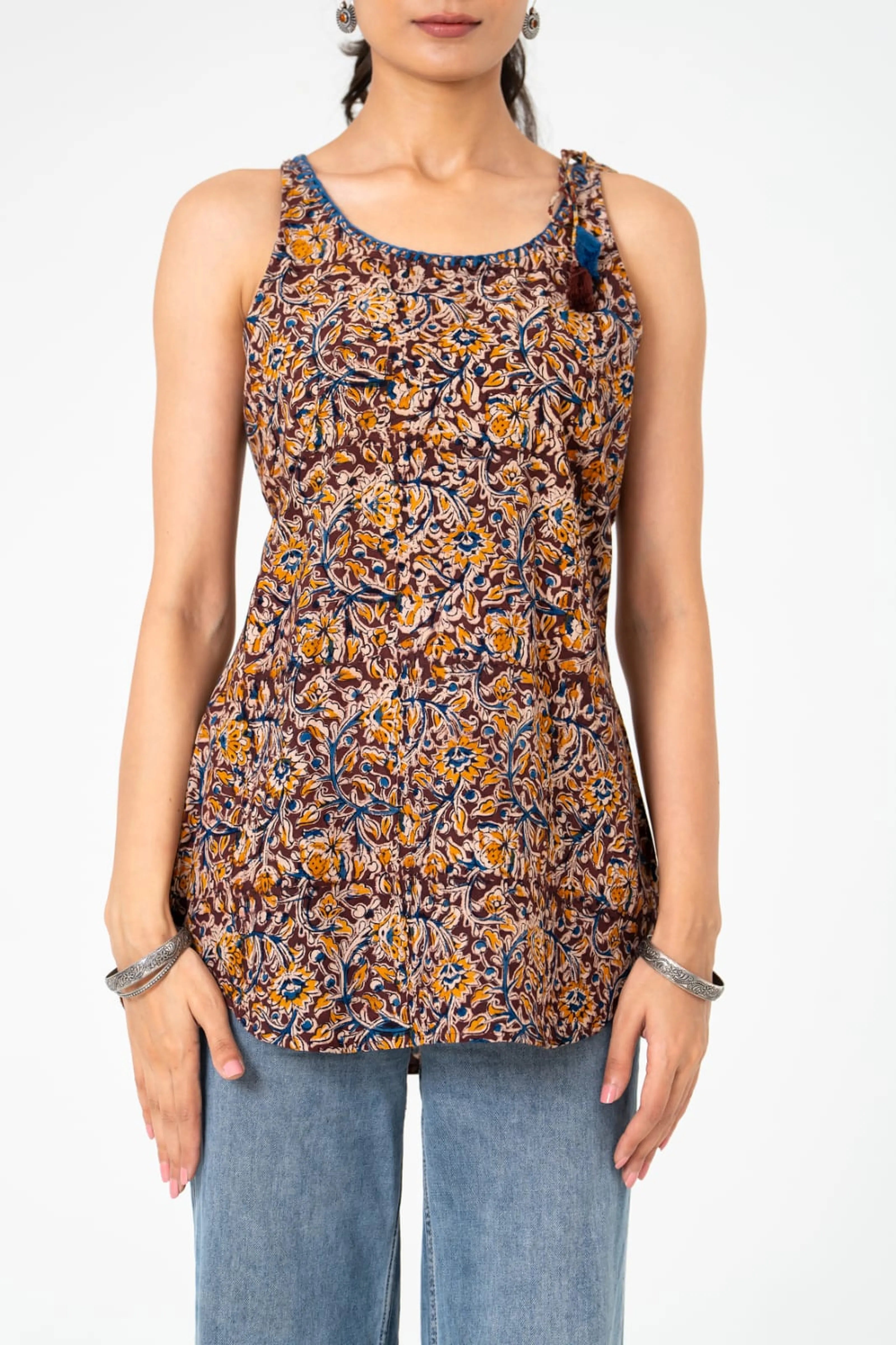 Brown & Mustard Floral Sleeveless Short Kurta in Cotton Cambric