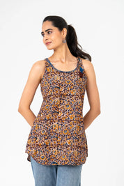 Brown & Mustard Floral Sleeveless Short Kurta in Cotton Cambric