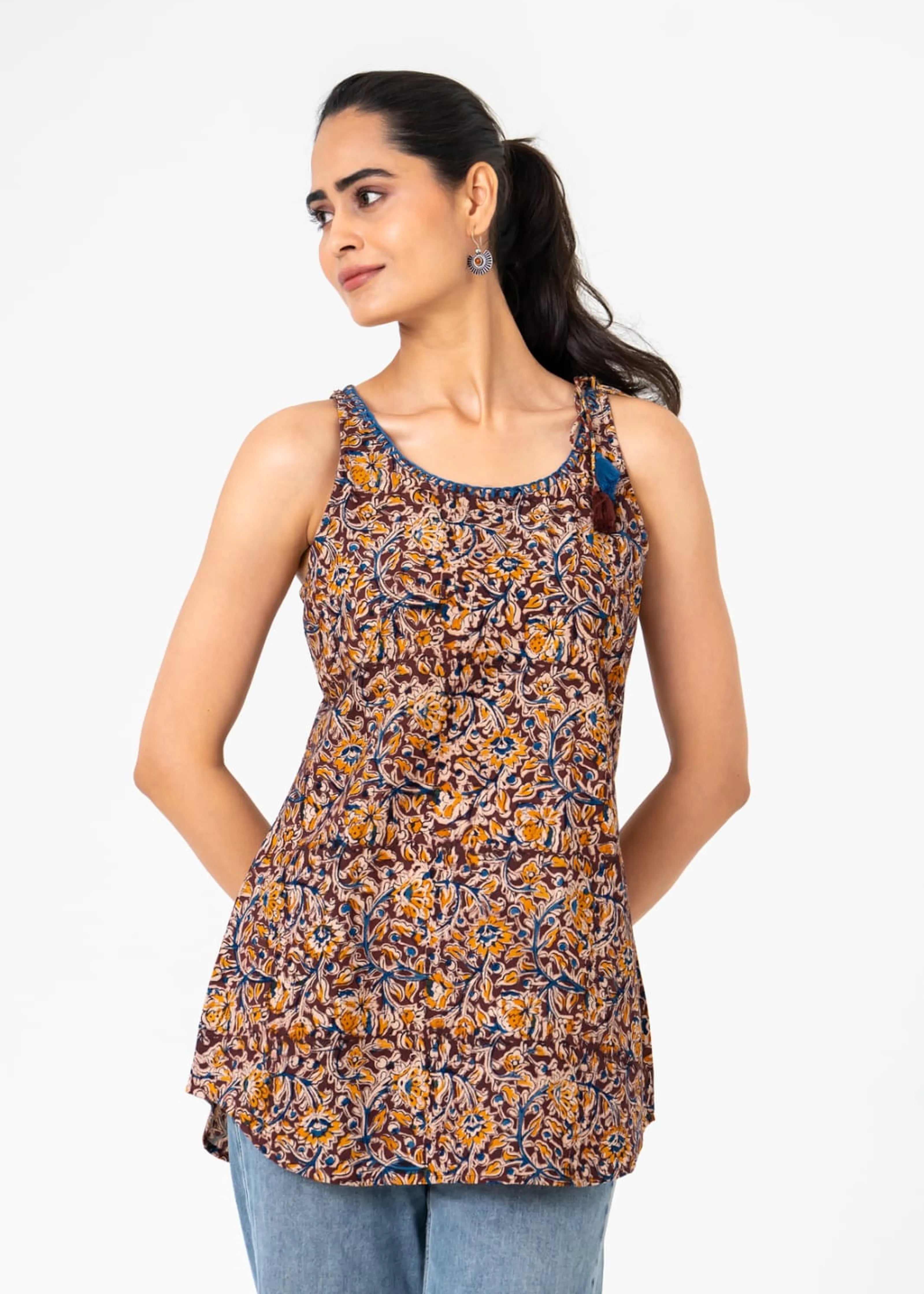 Brown & Mustard Floral Sleeveless Short Kurta in Cotton Cambric