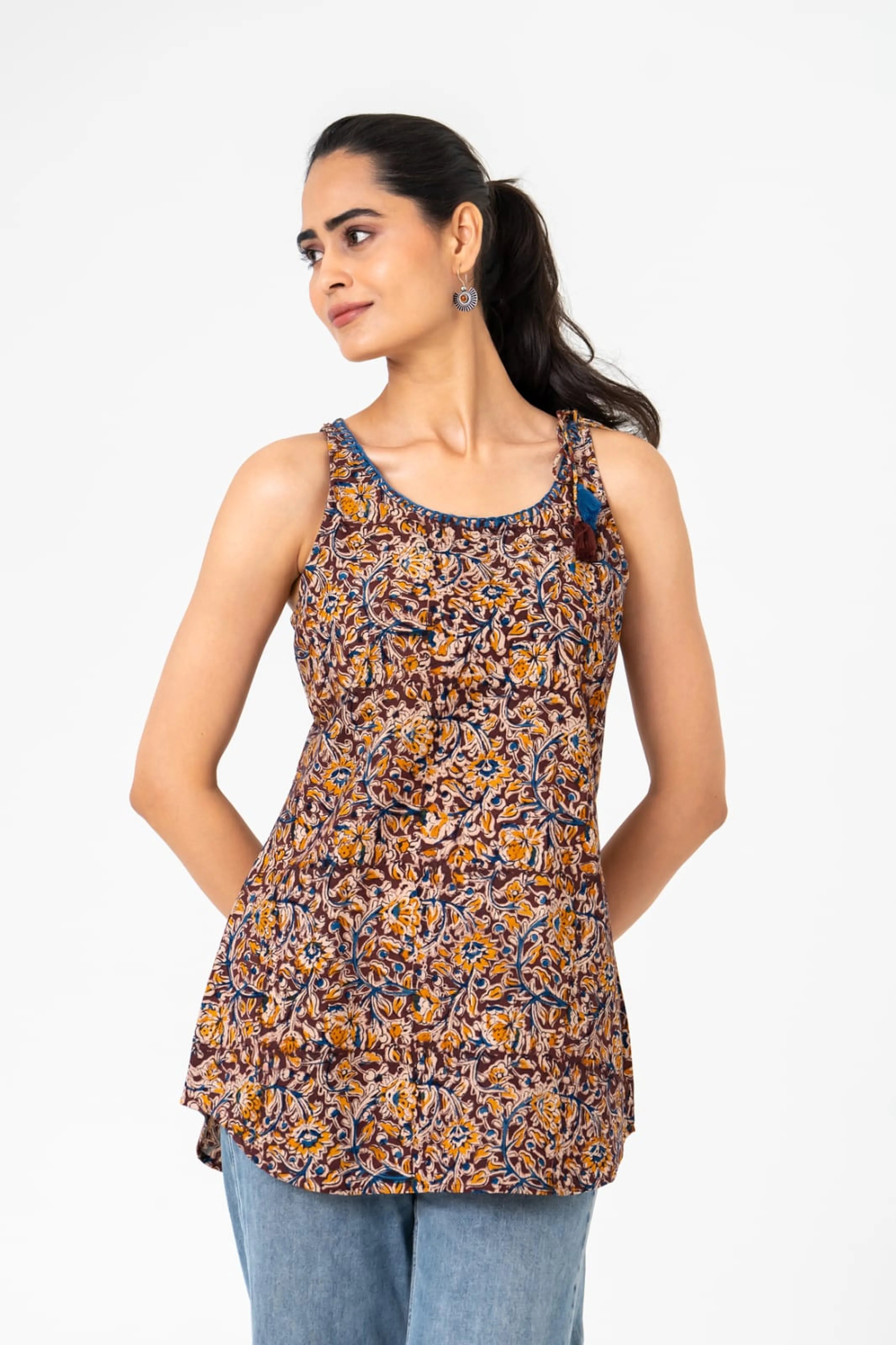 Brown & Mustard Floral Sleeveless Short Kurta in Cotton Cambric