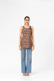 Brown & Mustard Floral Sleeveless Short Kurta in Cotton Cambric