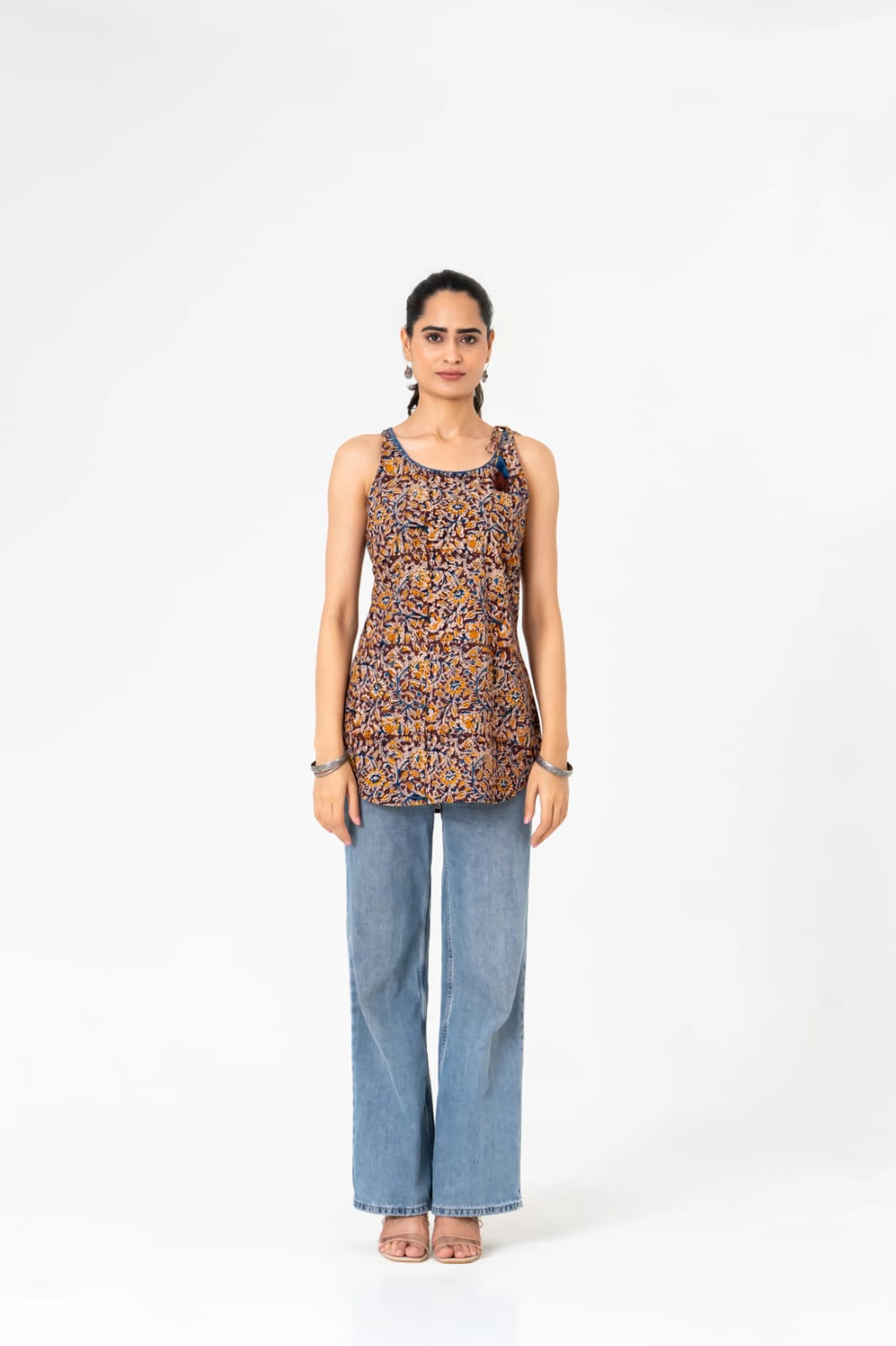 Brown & Mustard Floral Sleeveless Short Kurta in Cotton Cambric