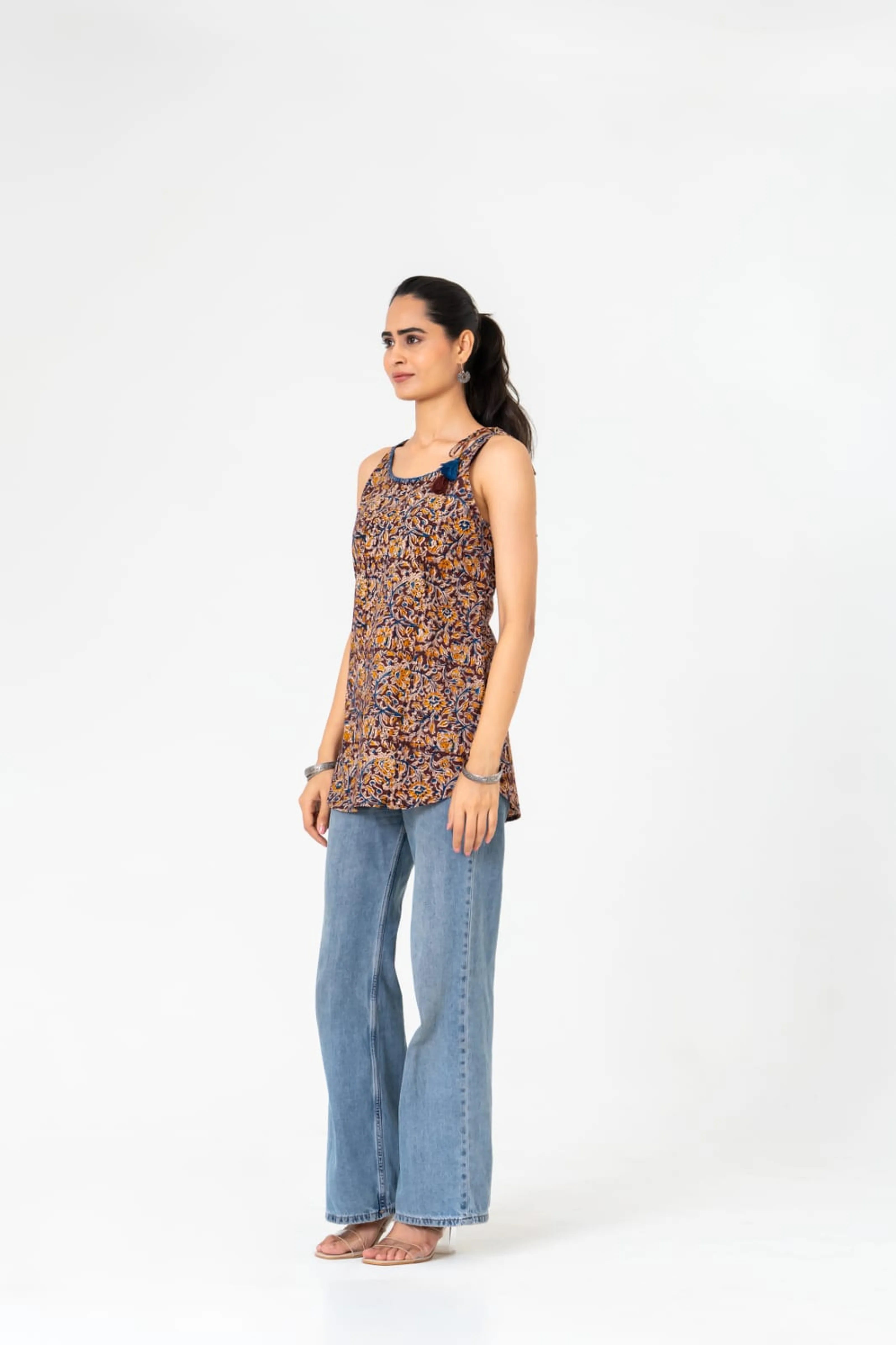 Brown & Mustard Floral Sleeveless Short Kurta in Cotton Cambric