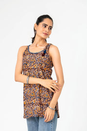 Brown & Mustard Floral Sleeveless Short Kurta in Cotton Cambric