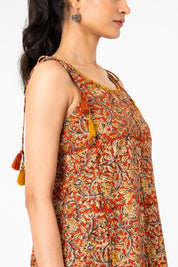 Coral & Mustard Floral Sleeveless Cotton Cambric Short Kurti