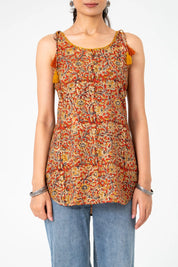 Coral & Mustard Floral Sleeveless Cotton Cambric Short Kurti