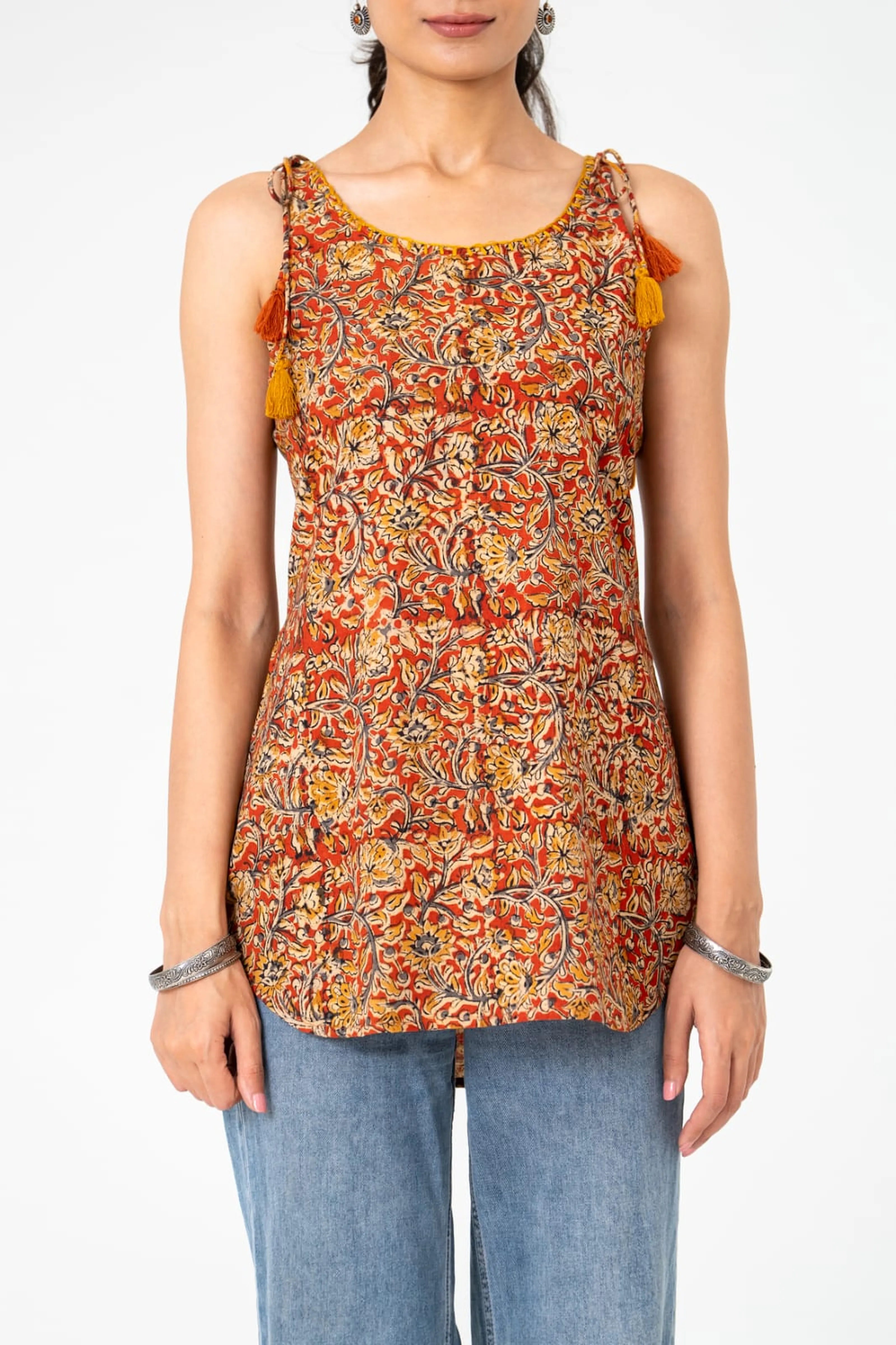 Coral & Mustard Floral Sleeveless Cotton Cambric Short Kurti