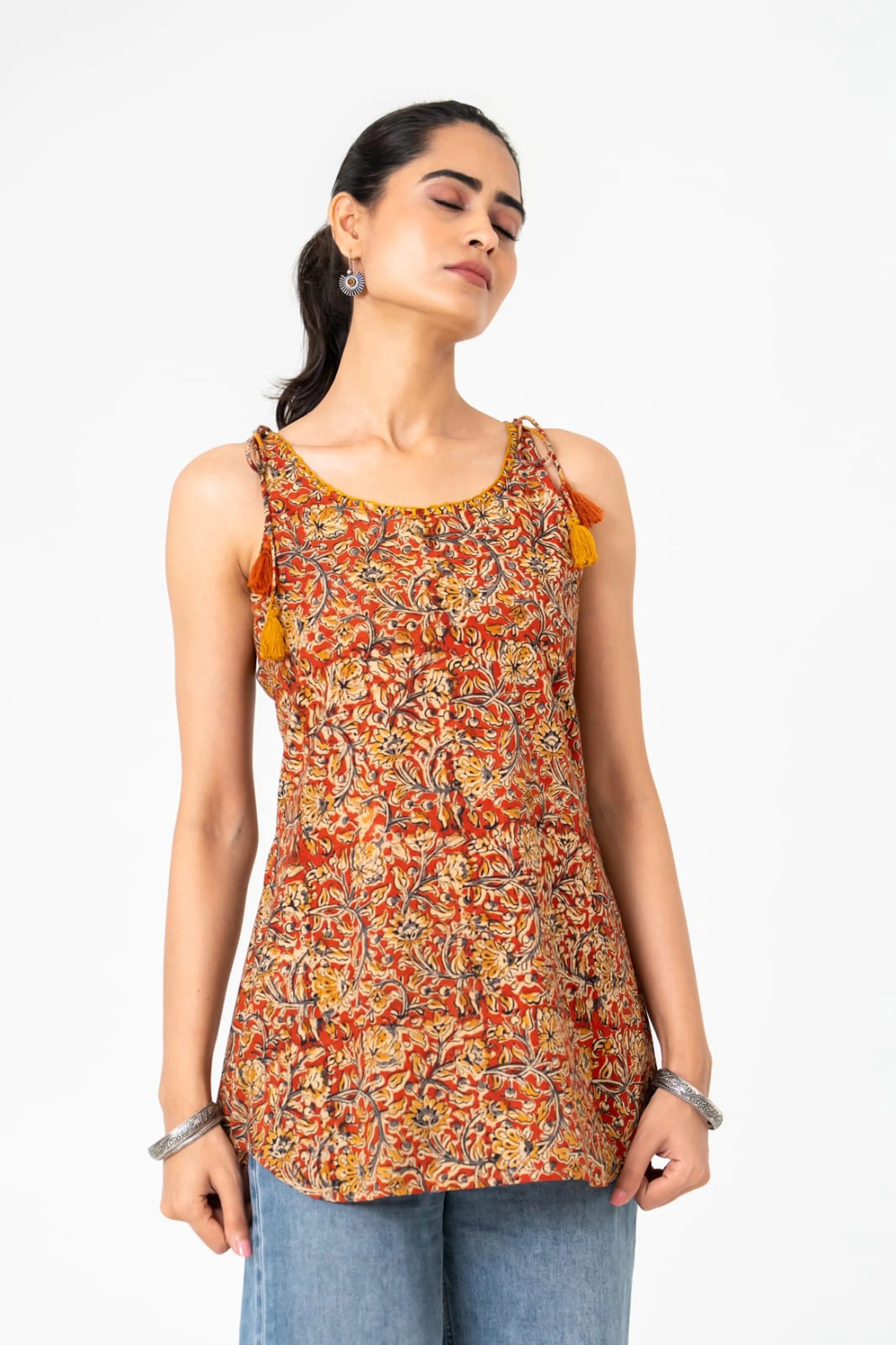 Coral & Mustard Floral Sleeveless Cotton Cambric Short Kurti