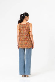 Coral & Mustard Floral Sleeveless Cotton Cambric Short Kurti