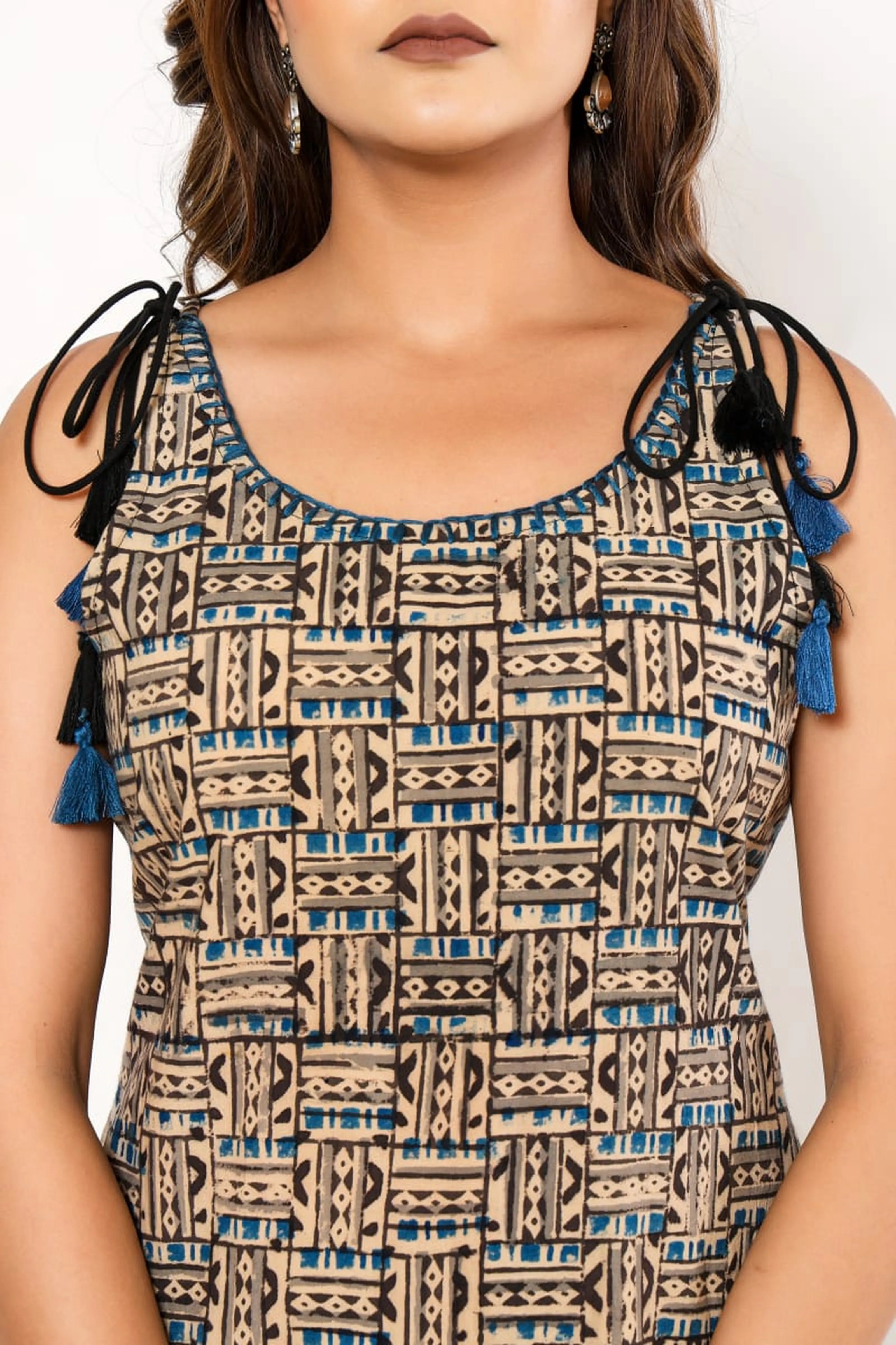 Black & Blue Tribal-Inspired Sleeveless Cotton Cambric Kurti