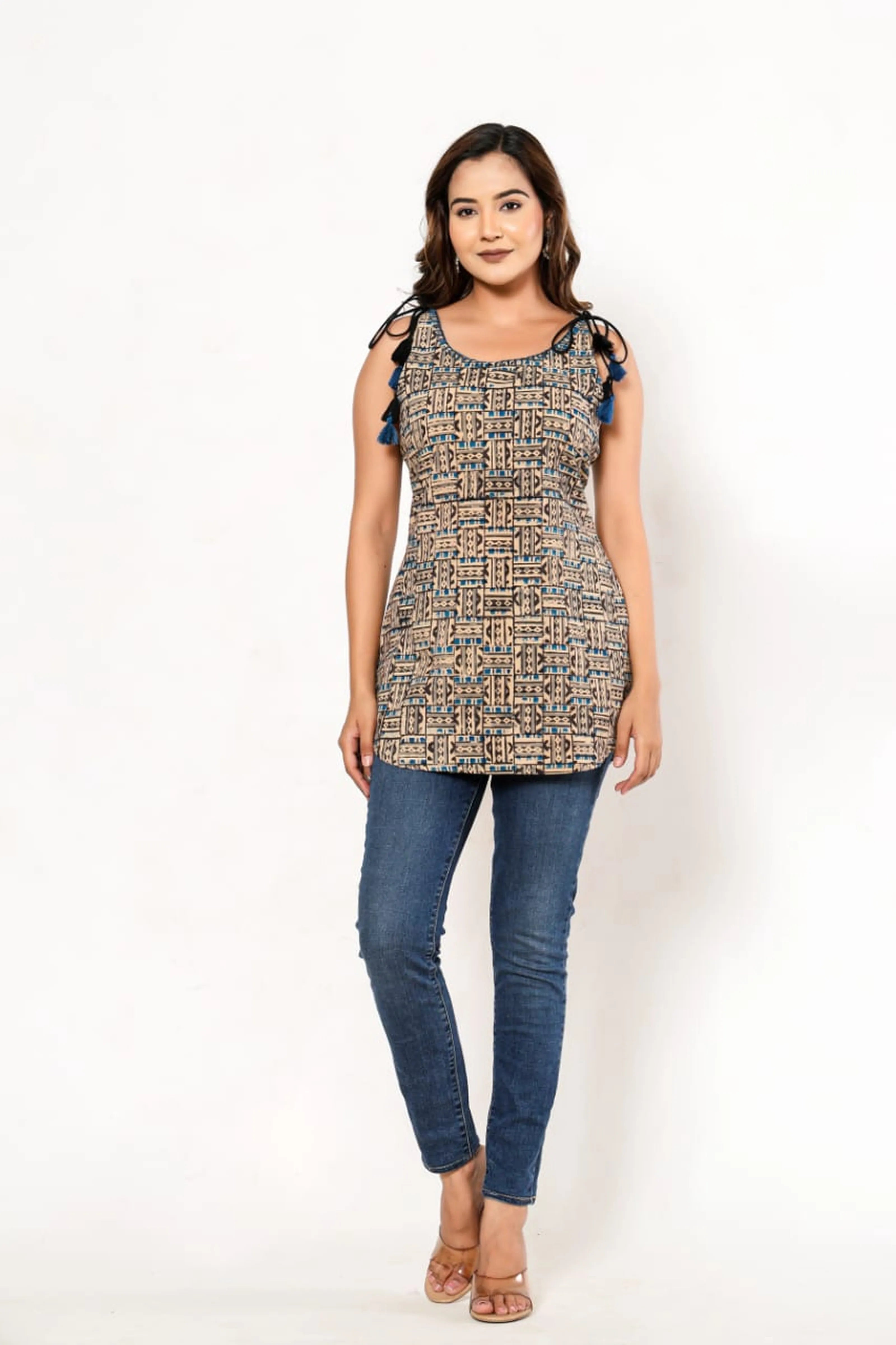 Black & Blue Tribal-Inspired Sleeveless Cotton Cambric Kurti