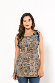 Black & Blue Tribal-Inspired Sleeveless Cotton Cambric Kurti