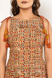 Coral & Mustard Tribal Sleeveless Cotton Cambric Kurti