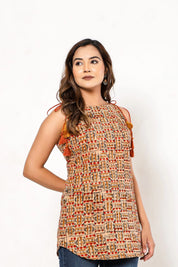 Coral & Mustard Tribal Sleeveless Cotton Cambric Kurti