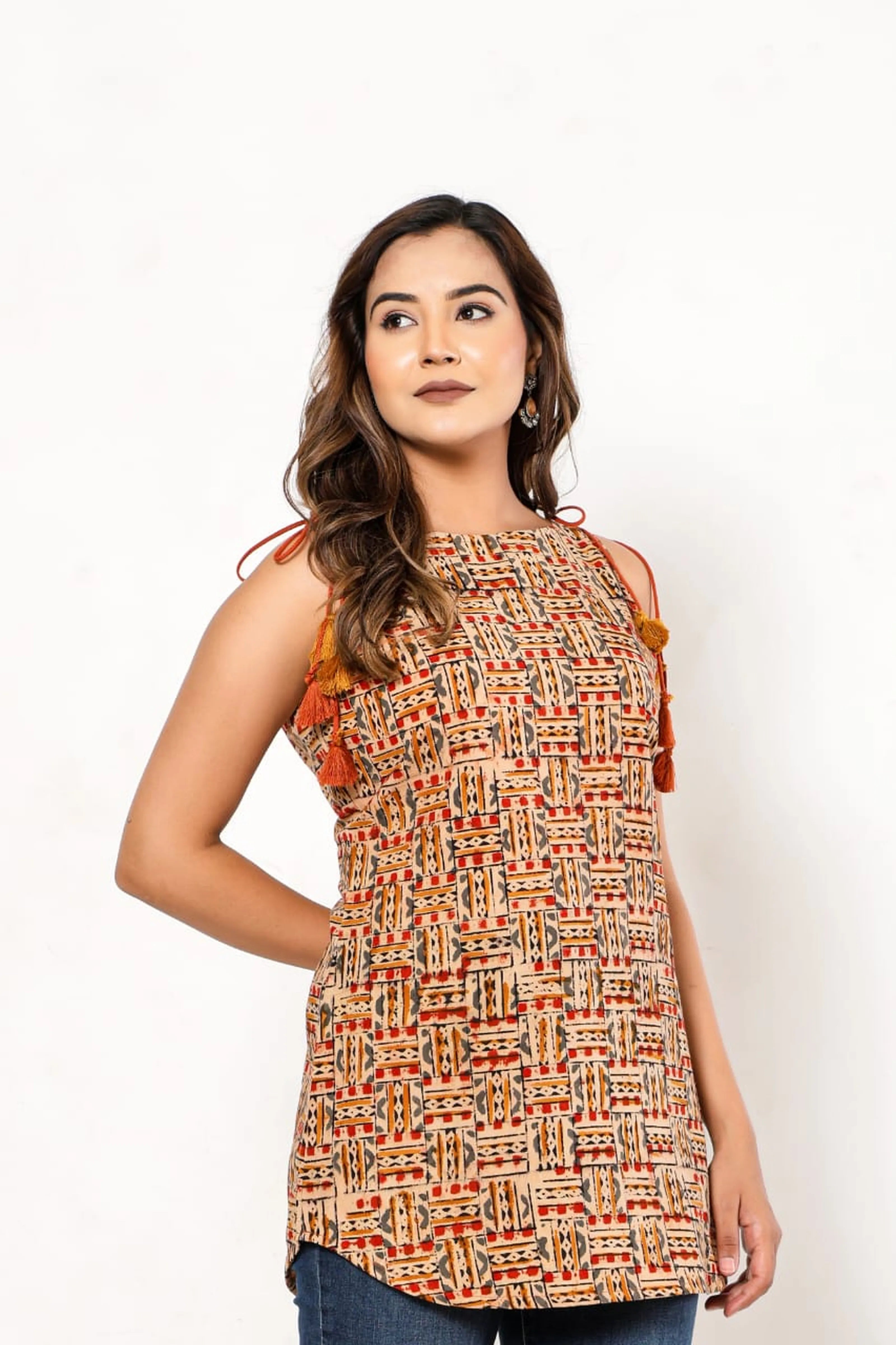 Coral & Mustard Tribal Sleeveless Cotton Cambric Kurti