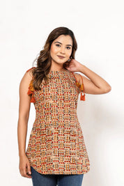 Coral & Mustard Tribal Sleeveless Cotton Cambric Kurti