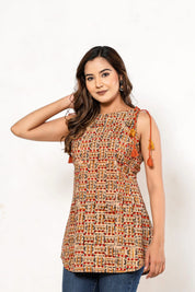 Coral & Mustard Tribal Sleeveless Cotton Cambric Kurti