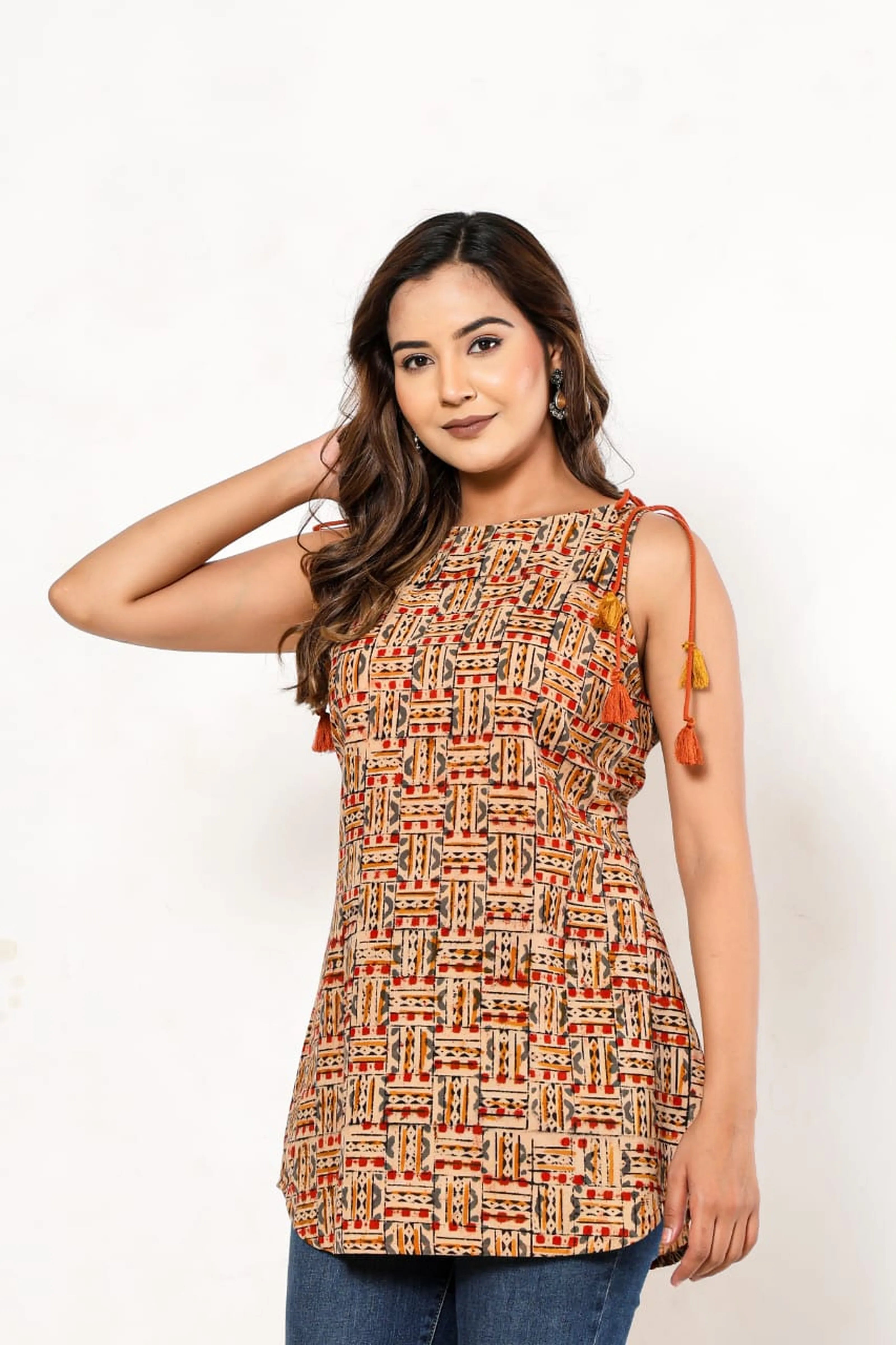Coral & Mustard Tribal Sleeveless Cotton Cambric Kurti