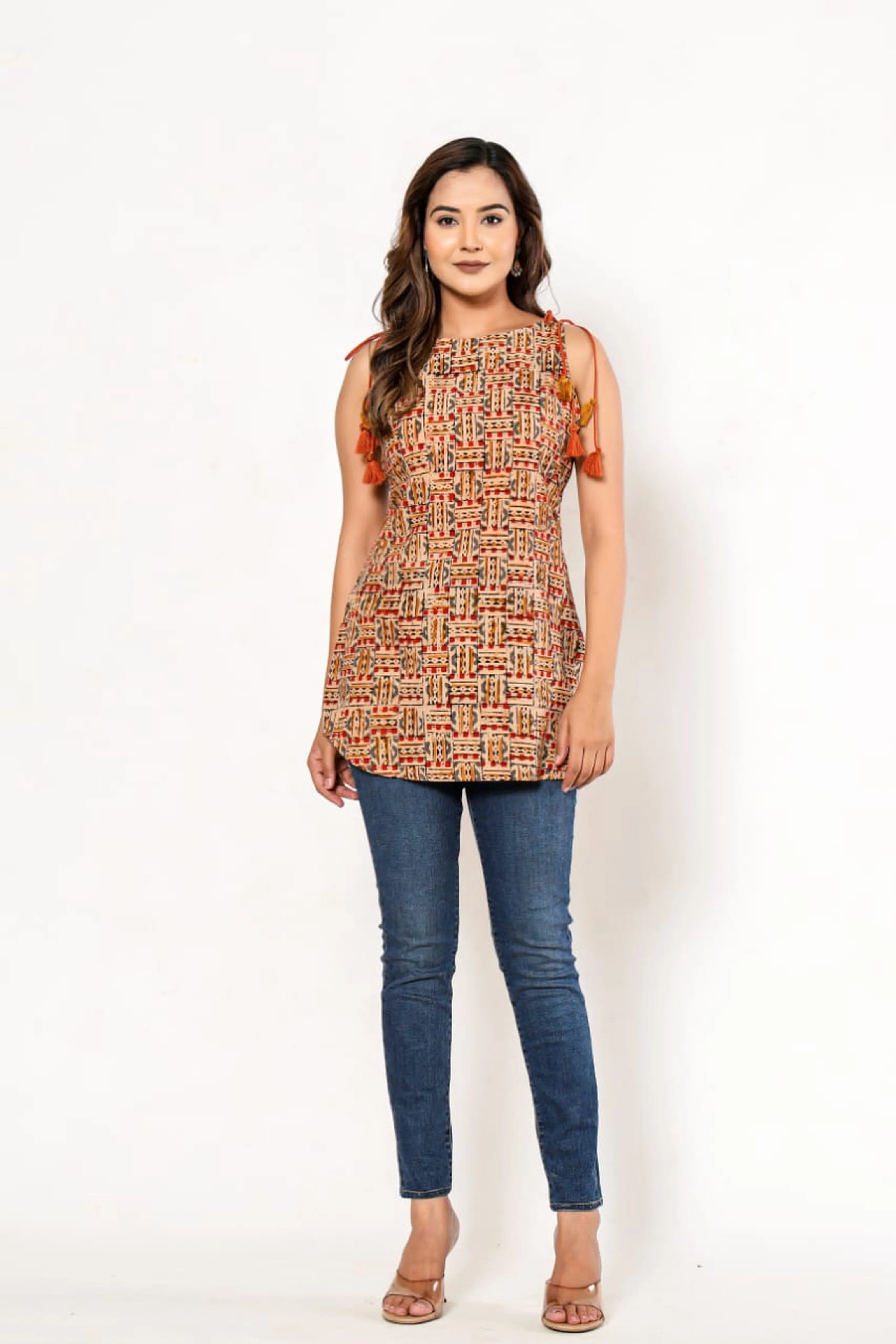 Coral & Mustard Tribal Sleeveless Cotton Cambric Kurti