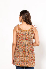 Coral & Mustard Tribal Sleeveless Cotton Cambric Kurti