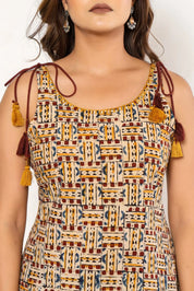 Maroon & Yellow Geometric Sleeveless Cotton Cambric Kurti with Tassels